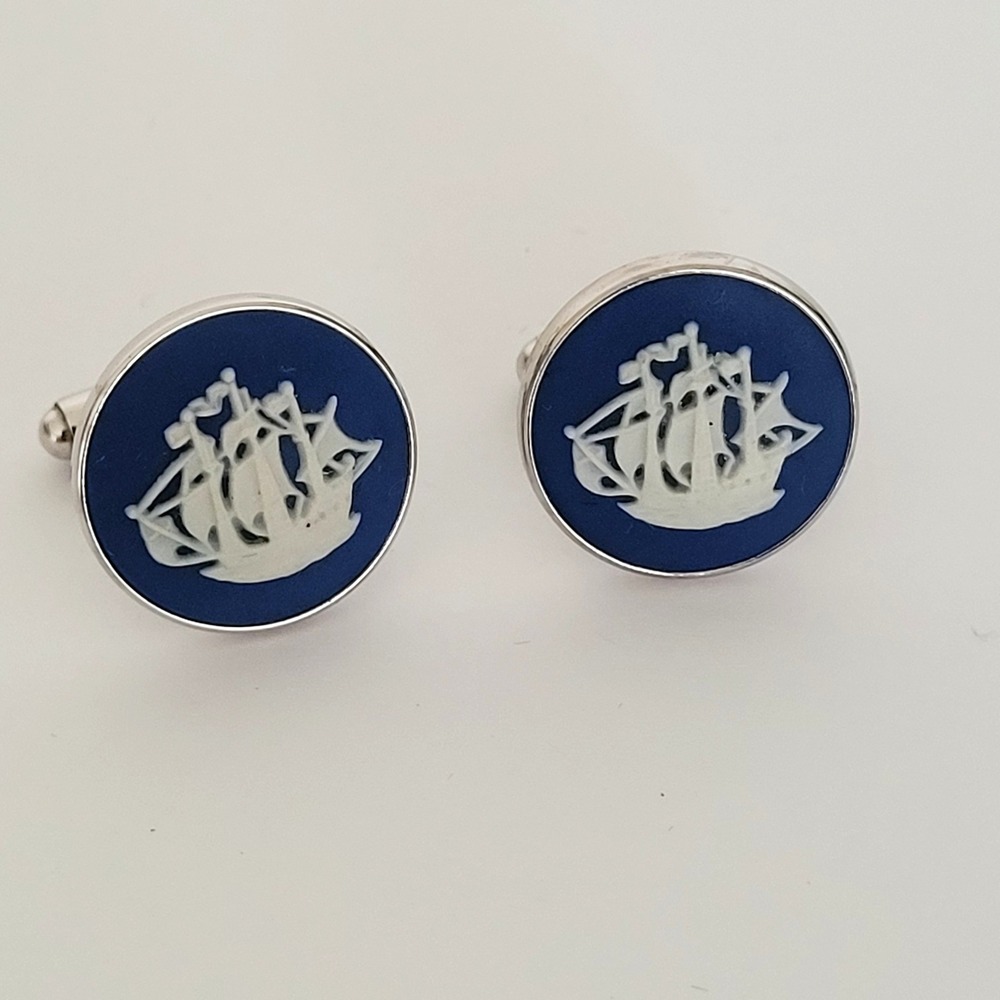 Wedgwood Blue Jasperware Sailing Ship Cufflinks Vintage Silver Tone England